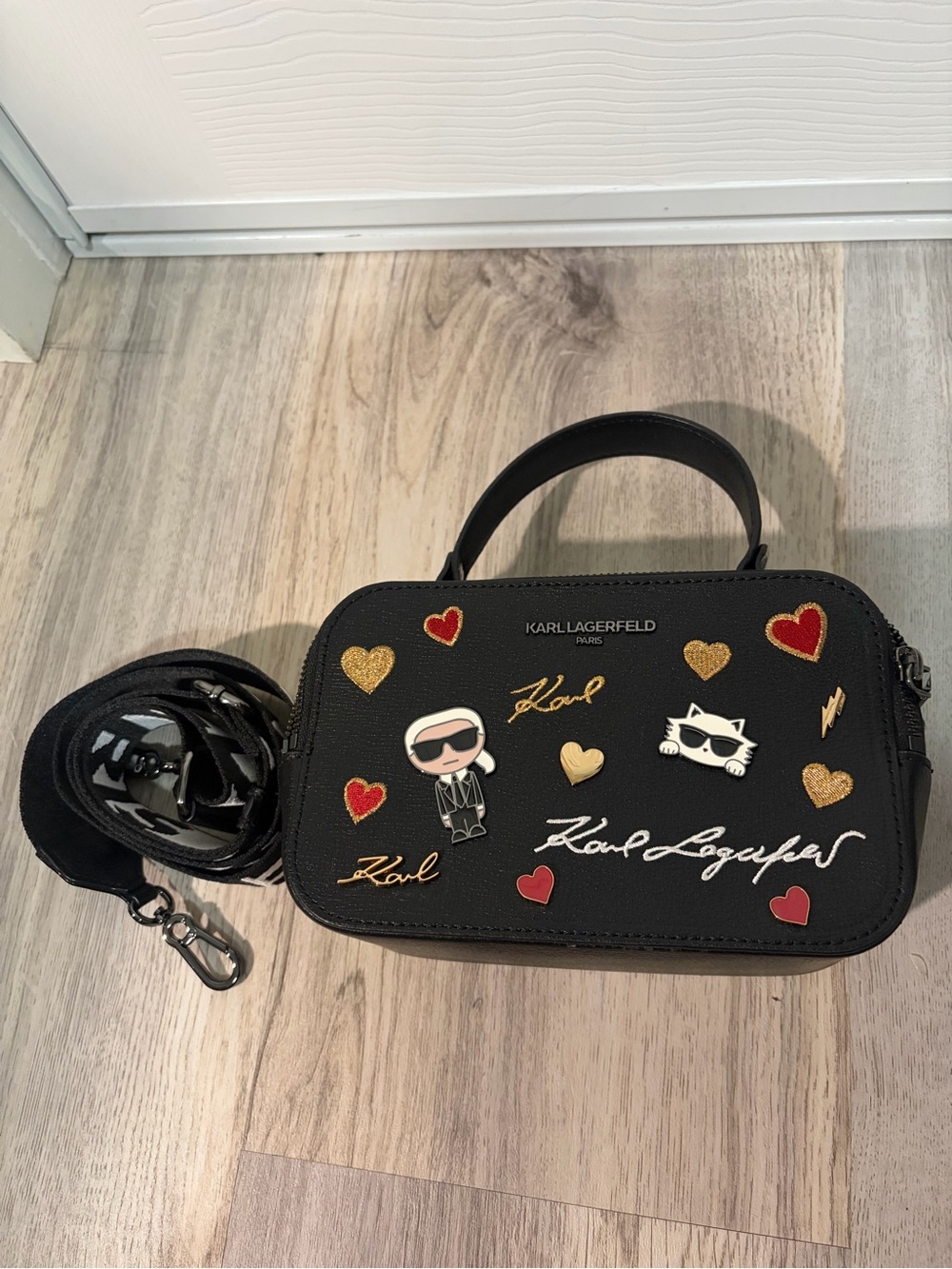 Karl Lagerfeld Black Mini Top-Handle Bag with Heart and Character Patches - Picture 2 of 10
